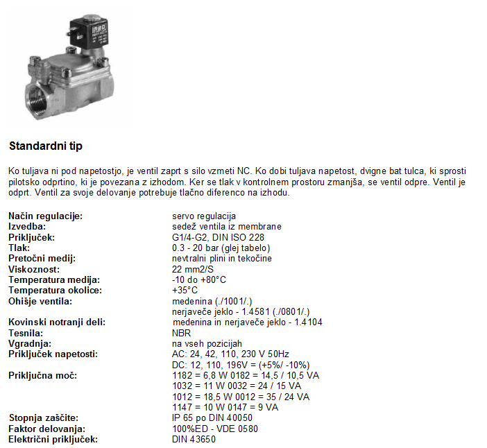 TIP 40 Prehodni elektromagnetni ventil membranski