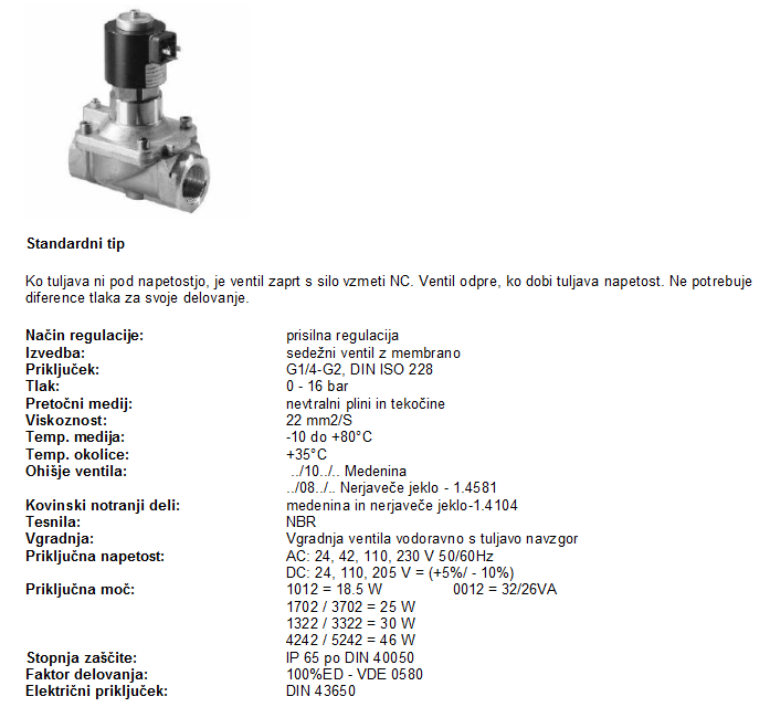 TIP 43 Prehodni elektromagnetni ventil membranski
