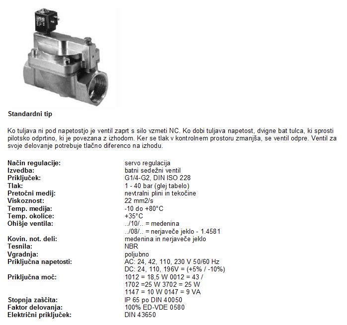 TIP 50 Prehodni elektromagnetni ventil